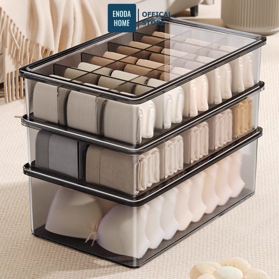 Hộp Nhựa Có Nắp Đựng Đồ Lót ENODA HOME, Hộp Nhựa Trong Suốt Chia Ngăn Đựng Tất Vớ, Quần Áo Lót P800