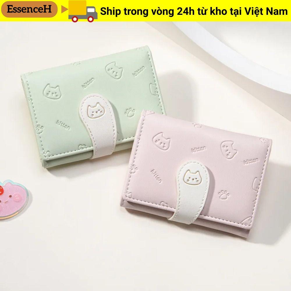 Ví in hình mèo con ESSENCEH, Hộp đựng thẻ thời trang Ví nhỏ dễ thương ngắn, Túi ID bé gái Dây đeo khóa PU Túi đựng tiền nữ