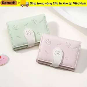 Ví in hình mèo con ESSENCEH, Hộp đựng thẻ thời trang Ví nhỏ dễ thương ngắn, Túi ID bé gái Dây đeo khóa PU Túi đựng tiền nữ