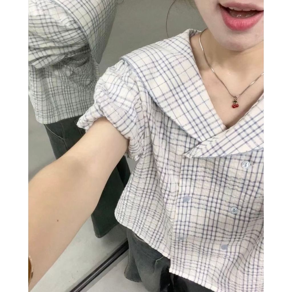 Áo sơ mi ngắn tay kẻ sọc màu xanh hải quân dành cho nữ, phong cách Nhật Bản, phù hợp mặc hàng ngày mùa hè