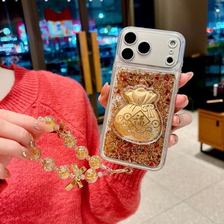 Có Tiền 3D Ngựa Vàng Lấp Lánh Quicksand Sequin Đính Hạt Wrsit Dây Xích Ốp Lưng Điện Thoại iPhone 17Promax 17Pro 12 13 14 15 16 Pro Max 11 15Plus Mềm Nam Nữ Vỏ Di Động