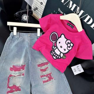 S339-[tomnaukids] Set áo thun Hồng phối quần jean suông rách cho bé gái size từ 8-38Kg