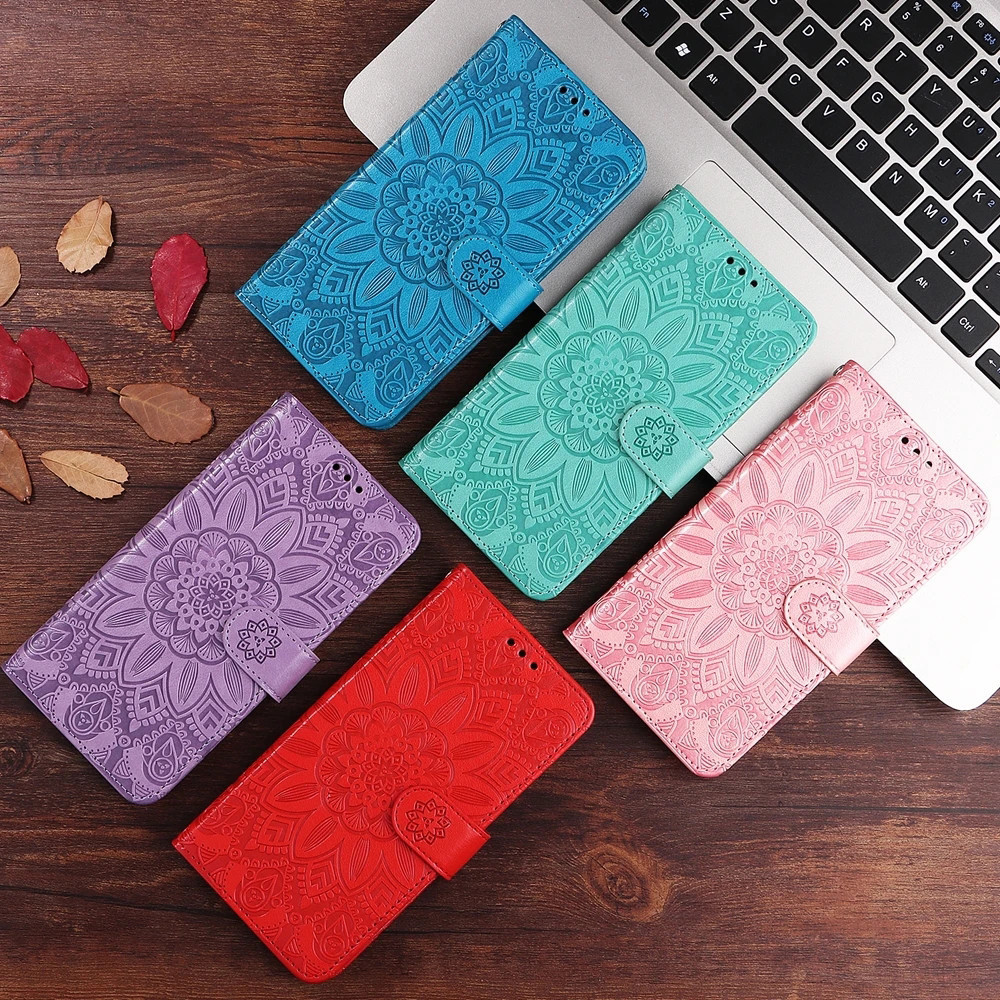 Ví da từ tính Flip Case cho Infinix S5 Pro X660 X660C Vỏ điện thoại hoa hướng dương dập nổi