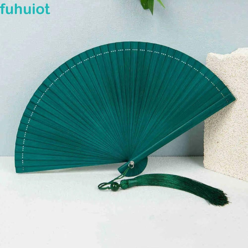 Quạt tre màu trơn FUHUIOT, Quạt gấp tua rua tinh tế phong cách Trung Quốc, Đạo cụ chụp ảnh với tua rua ngẫu nhiên Quạt cầm tay thanh lịch di động cổ điển Sườn xám Show