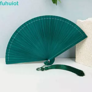 Quạt tre màu trơn FUHUIOT, Quạt gấp tua rua tinh tế phong cách Trung Quốc, Đạo cụ chụp ảnh với tua rua ngẫu nhiên Quạt cầm tay thanh lịch di động cổ điển Sườn xám Show