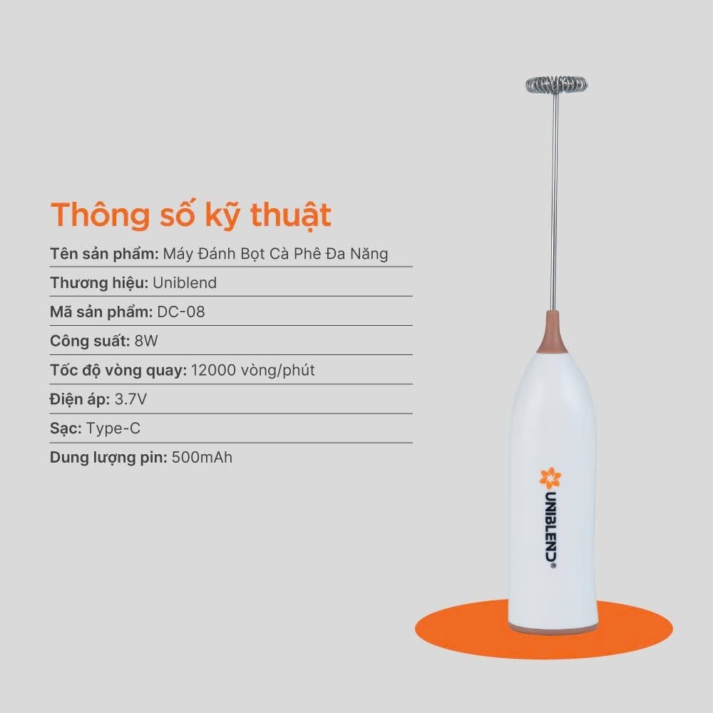 Máy Tạo Bọt Sữa, Đánh Bọt Cà Phê Uniblend DC-08 Chính Hãng Tạo Bọt Mịn Nhanh Chóng, Dễ Sử Dụng
