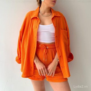 [Giảm giá 10% toàn bộ cửa hàng] Giảm giá trong thời gian có hạn Grab 26 Phong cách mới Thời trang Plus Size Nữ Bộ đồ hai mảnh Vải nhăn Ve áo sơ mi dài tay Quần short dây rút eo cao Plus Size Thời trang