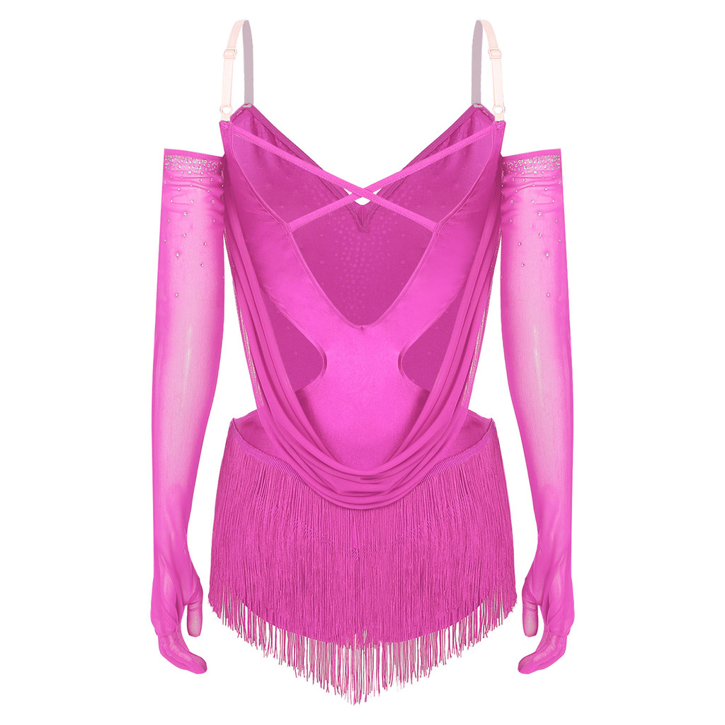 YOOJOO Nữ Ruched Lưới Drape Tua Rua Khiêu Vũ Leotard Lấp Lánh Kim Cương Giả Dây Có Thể Điều Chỉnh Cutout Viền Bodysuit Có Găng Tay