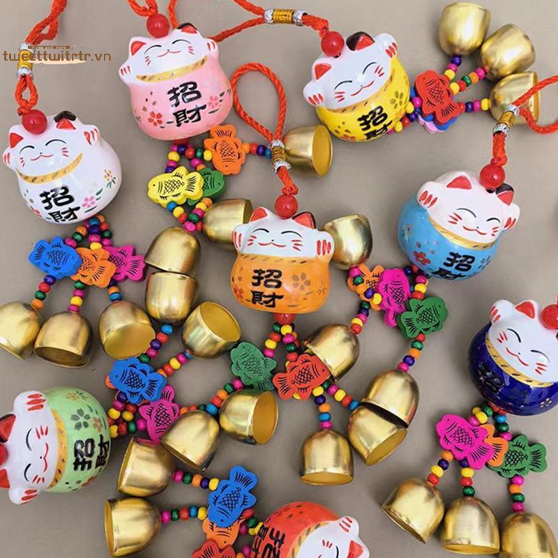 TRTR Fortune Cat Chuông Gió Gốm Treo Xe Trang Trí Sân Vườn Thủ Công Chuông Kim Loại VN