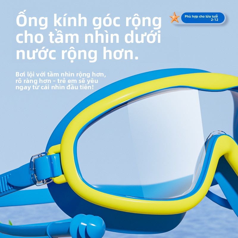 Kính bơi chống thấm nước cho bé với lens HD và khung lớn, phù hợp làm phụ kiện lặn hoặc đội cùng mũ bơi.