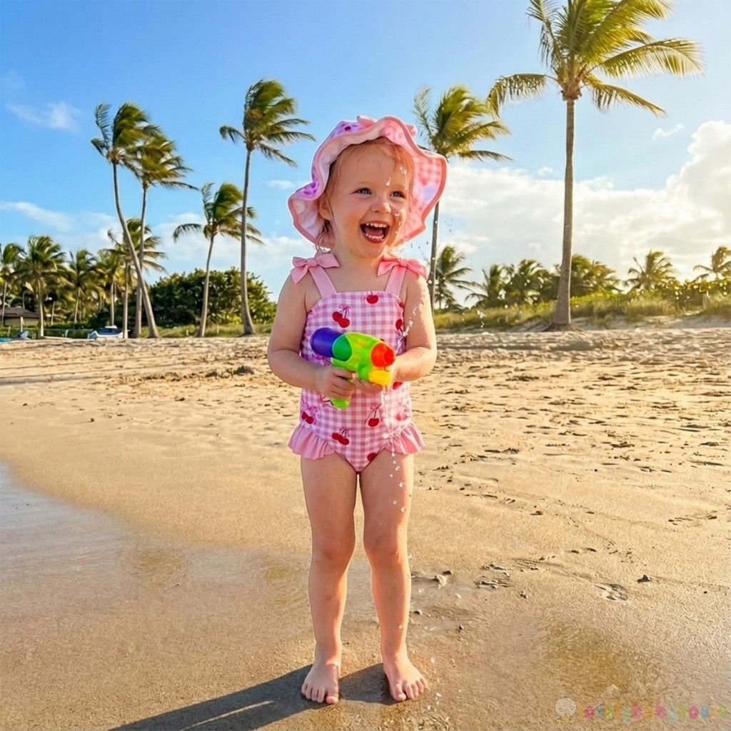 LBH-Toddler Girl Summer Strawberry / Bow / Cherry Print Áo tắm đeo vai không tay có mũ bơi