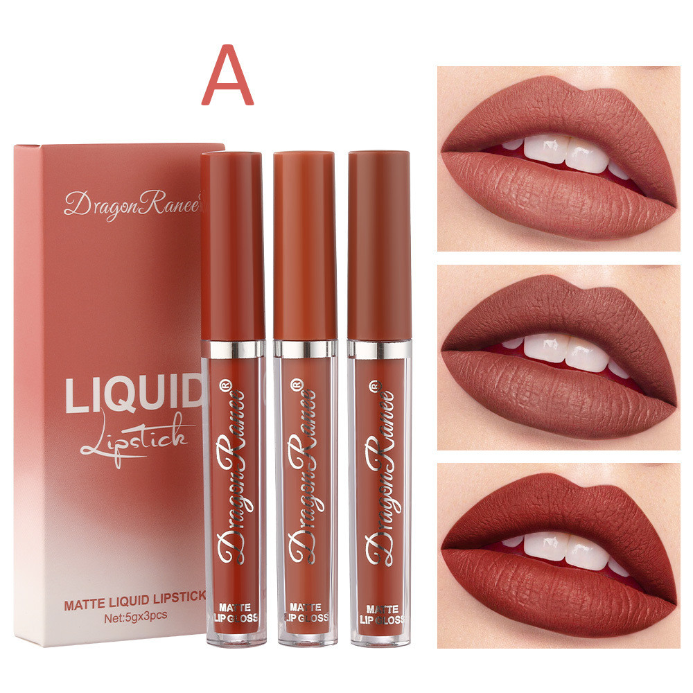 DragonRanee 3 Que Gói Môi Glaze Bộ Nhung Matte Matte Son Môi Sữa Trà Đậu Dán Màu Son Môi
