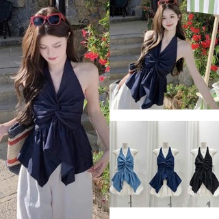 Áo Yếm Nơ Cổ Xoắn Ngực Denim Mềm 3 Màu Có Chun Lưng Co Giãn Siêu Dễ Mặc (Ảnh Thật Trải Sàn) Lollaye