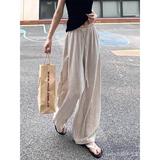 Quần ống rộng sọc phong cách Nhật Bản và Phương Tây, plus size, thắt lưng cao, phù hợp mùa hè mát mẻ