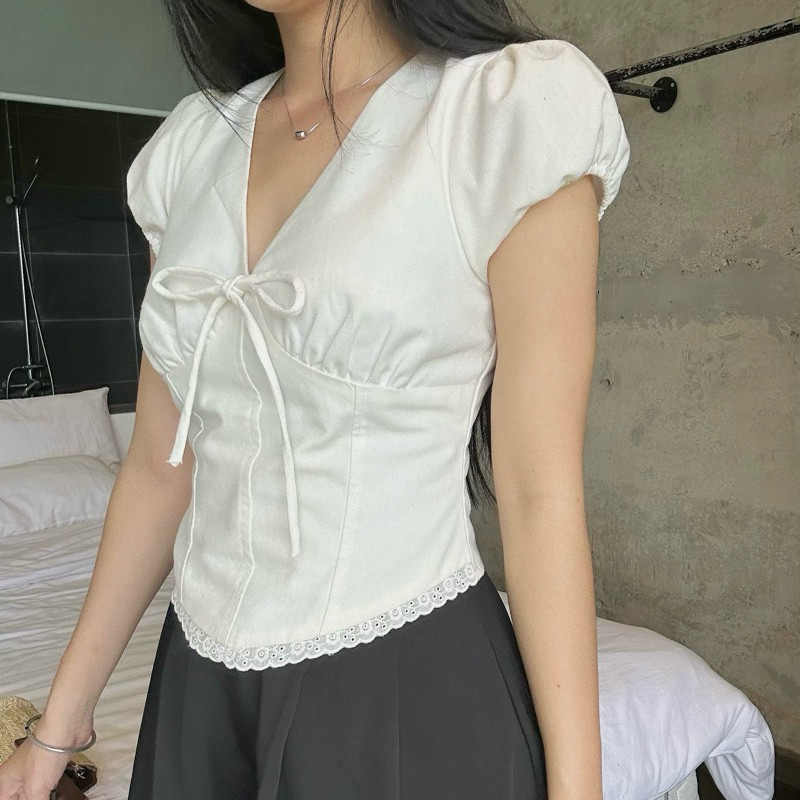Áo Didi Top ( chất vải linen) phong cách Hàn Quốc cổ V kèm dây rút M210