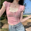 Áo thun nữ cổ vuông phối bèo thắt nơ tay ngắn cá tính H890