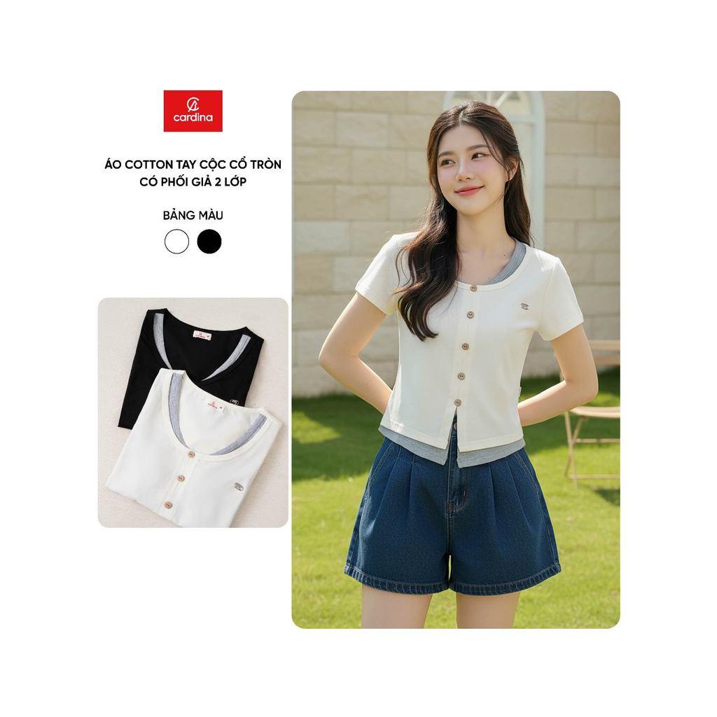 Áo phông nữ CARDINA chất cotton tay cộc cổ tròn phối cổ giả 2 lớp 6ATC15