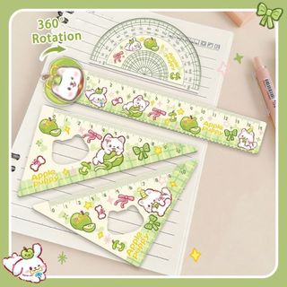 Bộ thước kẻ thẳng PEASEE 4 món hình mèo con, màu đỏ/xanh lá, thước đo hoạt hình vẽ văn phòng phẩm trường học