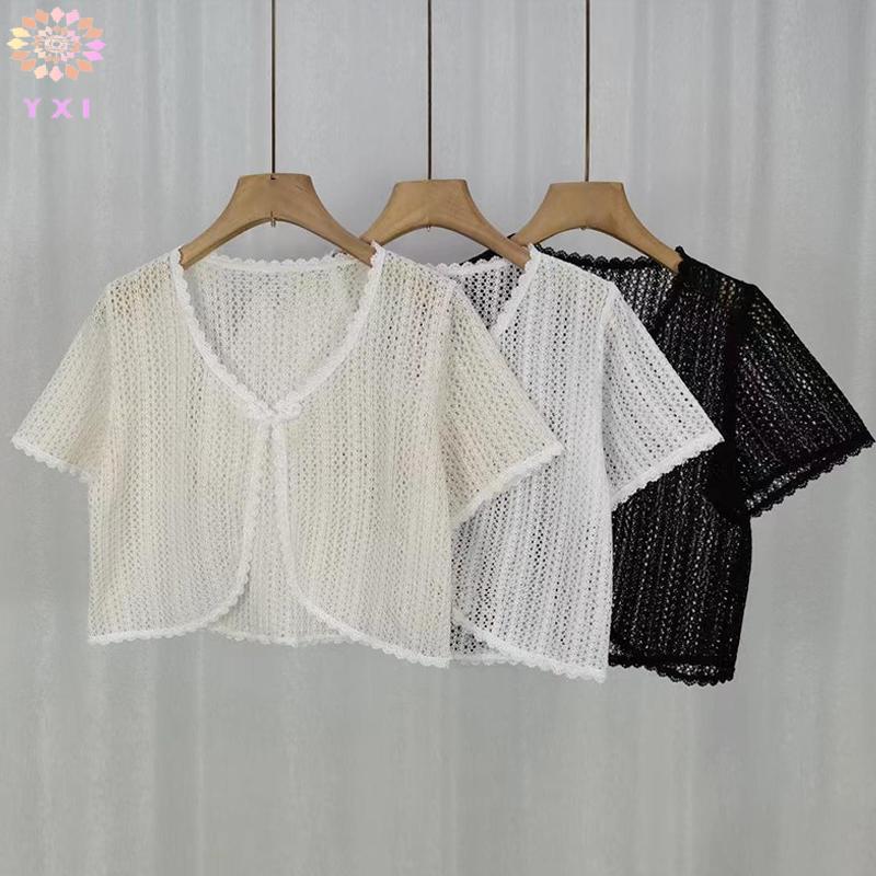 Cardigan nữ mùa hè chất liệu ren rỗng, tay ngắn, màu trơn mới