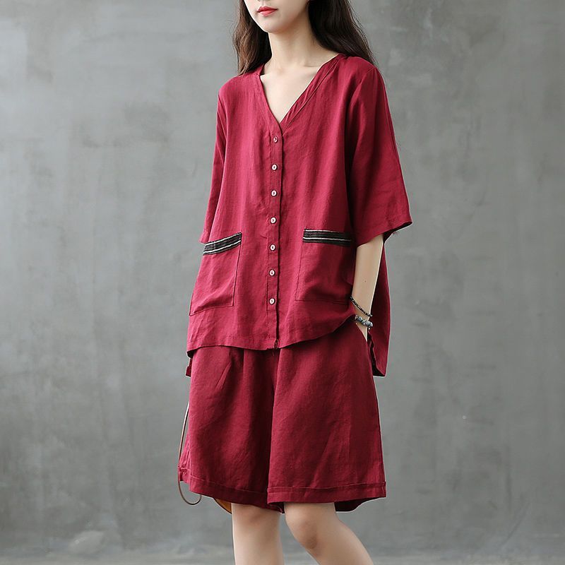 Áo vải cotton-linen, quần short ống rộng dáng suông, bộ hai mảnh giả linen thời trang mùa hè mới dành cho nữ.