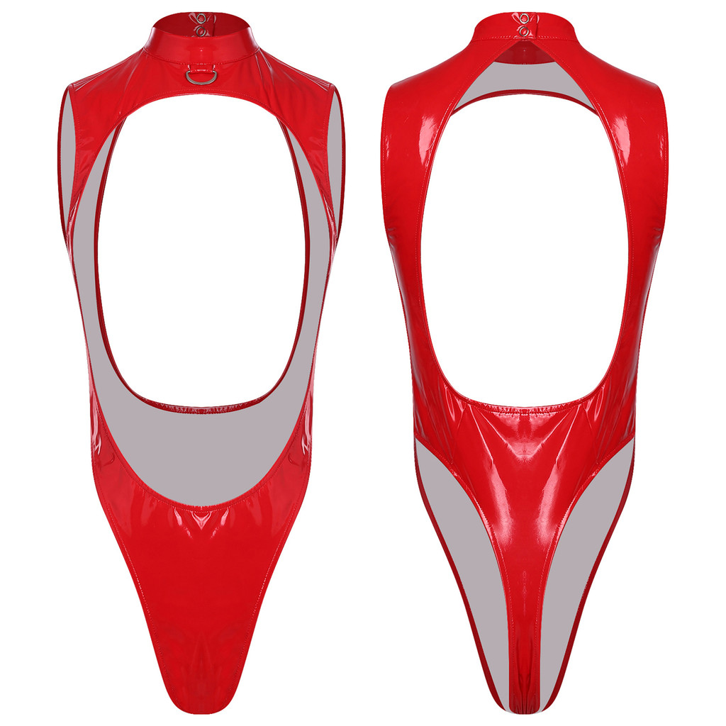Nyeemya Nữ Da PU Bóng Body Mock Cổ Wit Kim Loại Chữ D Mở Mặt Trước Không Lưng Cao Cắt Leotard Áo liền quần Đồ Bơi Cho Hộp Đêm Rave Đảng