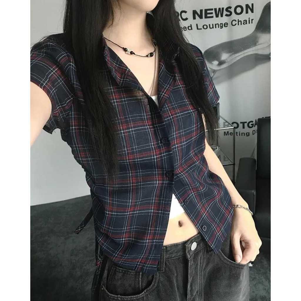 SUXI Áo sơ mi ngắn tay kẻ sọc dây rút cổ điển, phù hợp mùa hè 260324