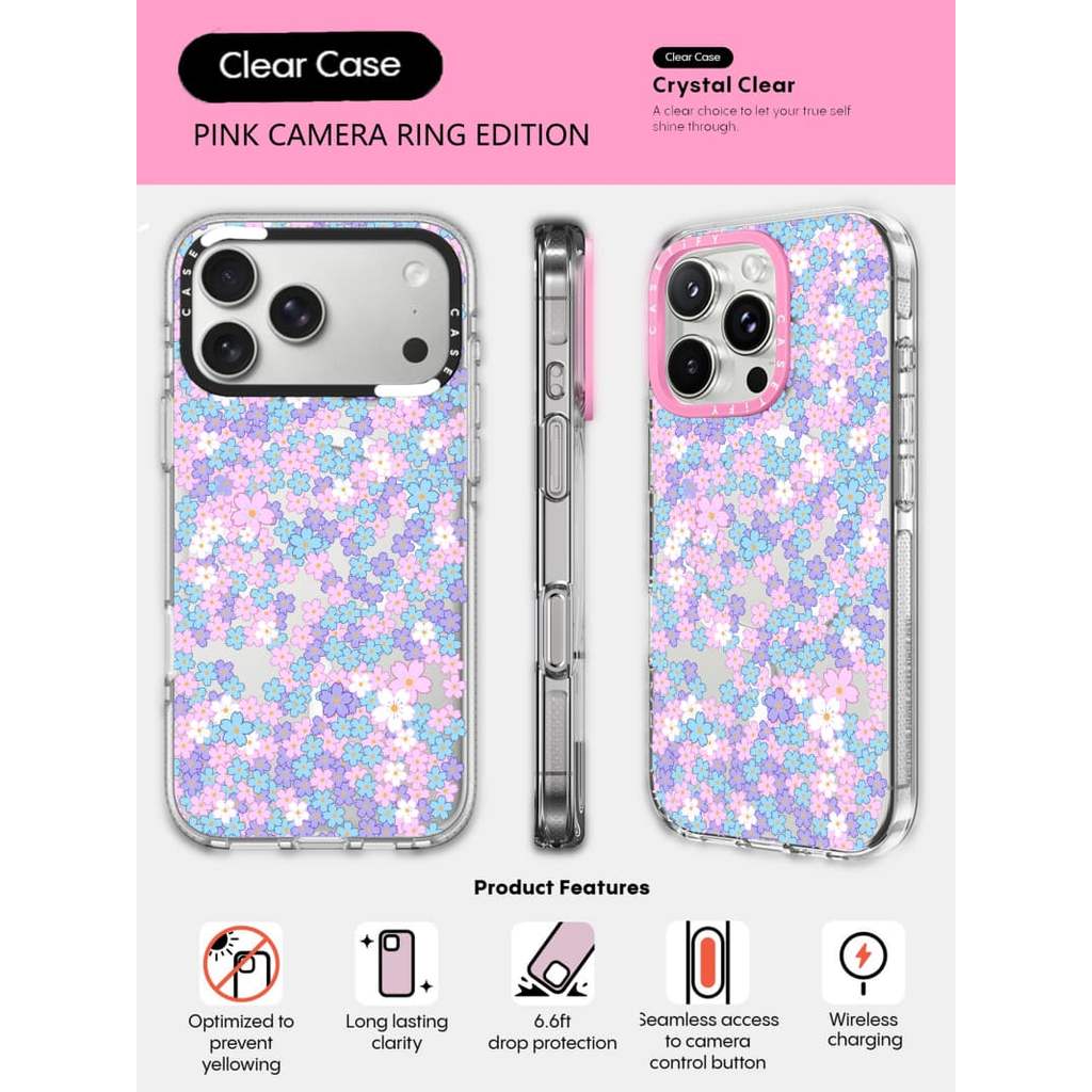 CASECASE X Ốp điện thoại hoa nhỏ đầy màu sắc HỒNG CAMERA PHIÊN BẢN RING Tác động Vỏ hút từ tính trong suốt cho iPhone 17 / 16 / 15 / 14 / 13 Pro Max Air với bao bì cao cấp