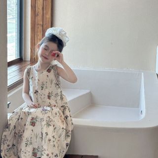 Váy liền cho bé gái họa tiết hoa nhí - váy maxi không tay phong cách vintage đi biển