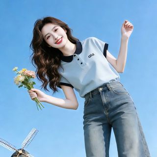 Áo sơ mi Polo nữ phong cách Preppy với đường khâu màu tương phản, phù hợp mùa hè