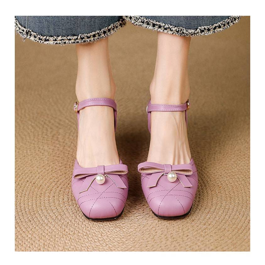 VNMZG34-39 Size Lớn Mùa Hè Giày Sandal Che Phủ Ngón Chân Bằng Dây Đeo Ngọc Trai Ngọt Nơ Trang Trí Gót Chân-Covered Nữ