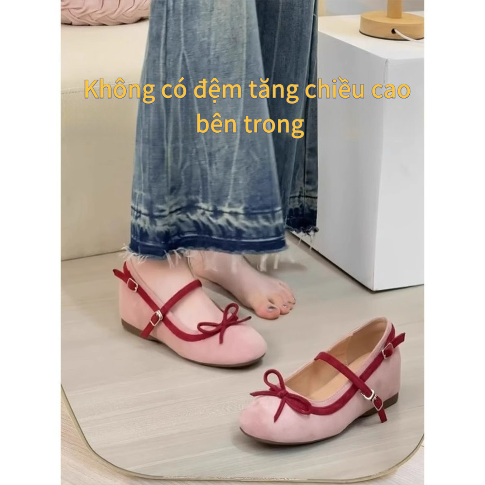 【✨Spot】Giày mary jane nữ nơ màu hồng kiểu Pháp dép/Mũi tròn Đế êm Đế nâng cao Giày nữ Hàng ngày