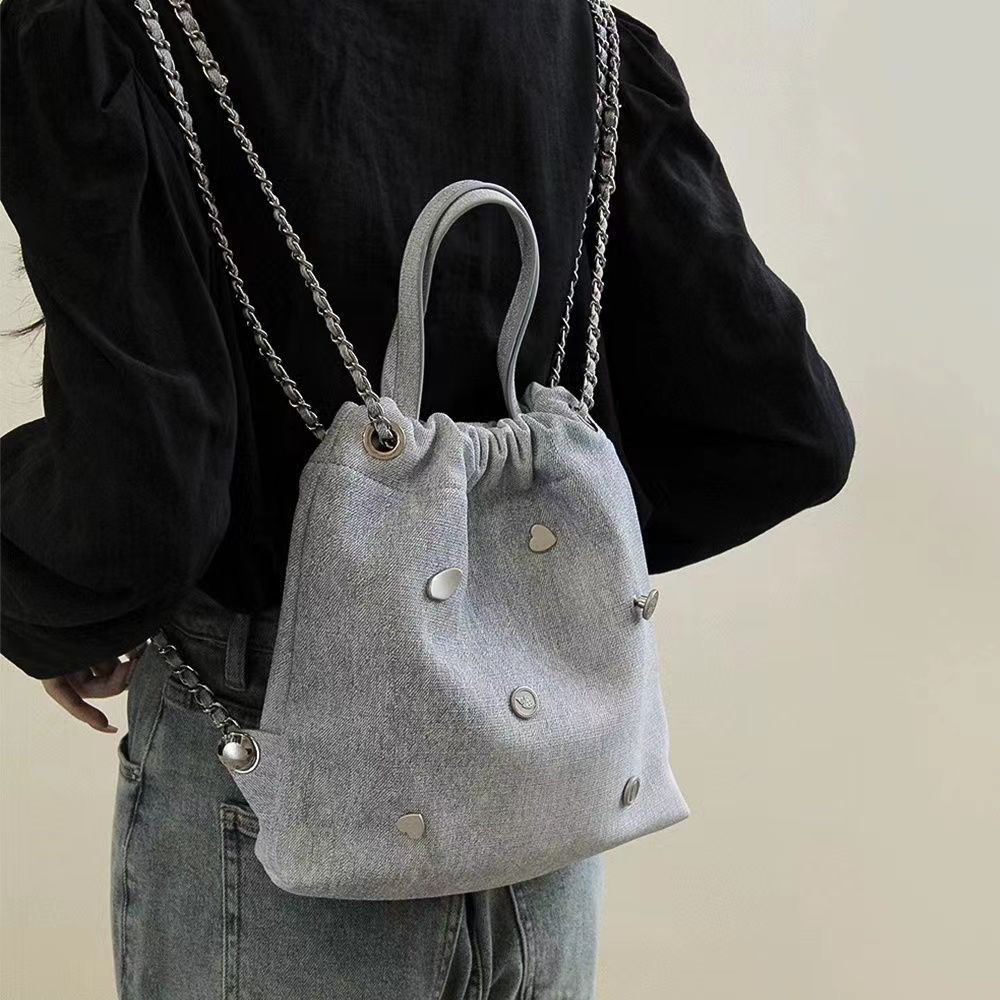 Phiên Bản Hàn Quốc Denim Da Dây Xích Ba Lô 2026 Phong Cách Mới Niche Thiết Kế Nhỏ Schoolbag Nữ Ba Lô Thường Ngày Có Thể Di Động Một Vai