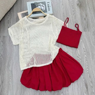 Set 3 Món Bigsize Nữ Áo Lưới Tay Ngắn Mix Áo Hai Dây Và Chân Váy Bí Xòe Cá Tính  A318+G118+CV413