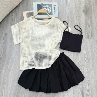 Set 3 Món Bigsize Nữ Áo Lưới Tay Ngắn Mix Áo Hai Dây Và Chân Váy Bí Xòe Cá Tính  A318+G118+CV413