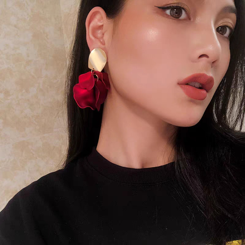 Bông tai hoa hồng đỏ retro phong cách Trung Hoa, thời trang cho lễ hội mùa xuân
