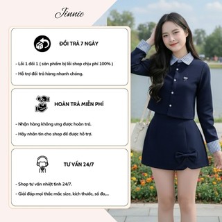 Set Áo Croptop Phối Kẻ Mix Chân Váy Ngắn Chữ A Đính Nơ Tiểu Thư Dễ Thương Phong Cách Hàn Quốc