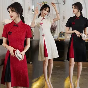 Cổ Đứng Tay Ngắn Qipao Đầm Dài Phong Cách Trung Quốc Cảnh Sườn Xám Mùa Hè
