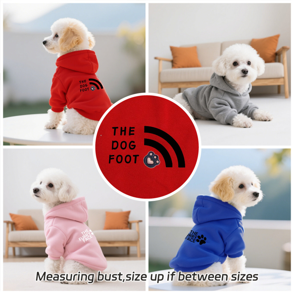Size S-2XL: Áo nỉ thú cưng có mũ trùm đầu in hình chân chó và văn bản in hình mặt lông. Có sẵn 5 màu. Mềm mại, thoáng khí, có thể giặt được, phù hợp cho tất cả các giống chó nhỏ.