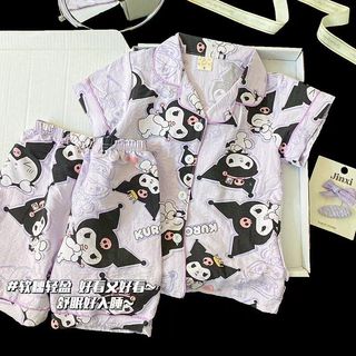 Bộ đồ ngủ cotton mây cho bé – Áo ngắn tay cài nút + quần short, họa tiết Kuromi dễ thương