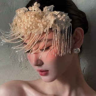 Mũ Cô Dâu Retro Handmade Ren Đính Hạt Tua Rua Phù Hợp Cho Chụp Ảnh