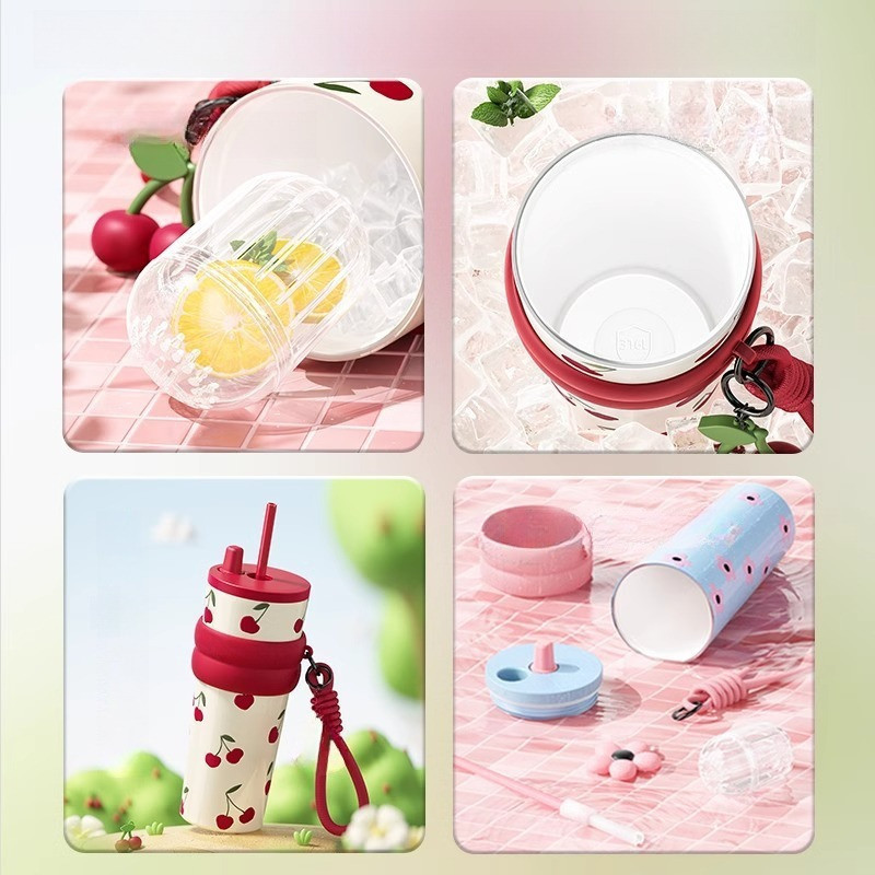750ml Bình Giữ Nhiệt Inox 316, Hình Quả Cherry, Giữ Nhiệt 6h Tay Cầm Ống Hút In, Giữ Nhiệt 6h Cho Văn Phòng