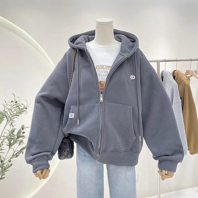 Áo khoác nữ nhung dày có mũ trùm đầu mùa xuân thu đơn giản và đa năng Áo Cardigan dây kéo Oversize đơn giản