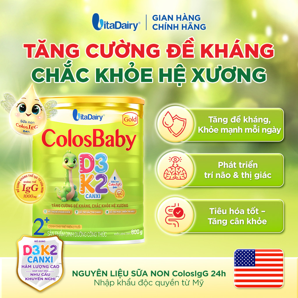 Sữa bột ColosBaby Gold D3K2 2+ cho trẻ trên 2 tuổi - Hỗ trợ phát triển xương, bổ sung dinh dượng - Lon 800g