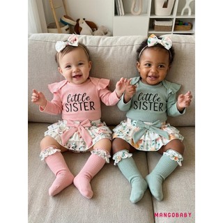 MG-Baby Girl Fall Trang Phục In Chữ Áo Liền Quần Dài Tay Nơ Lớp Váy Xù Nơ Băng Đô Và Vớ 4 Bộ