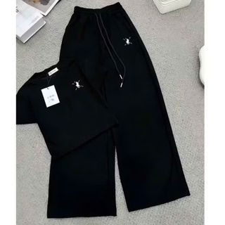 Sét quần ống rộng da cá dài THÊU NGỰA  xám tiêu + phối áo thun CROPTOP  -thuba94