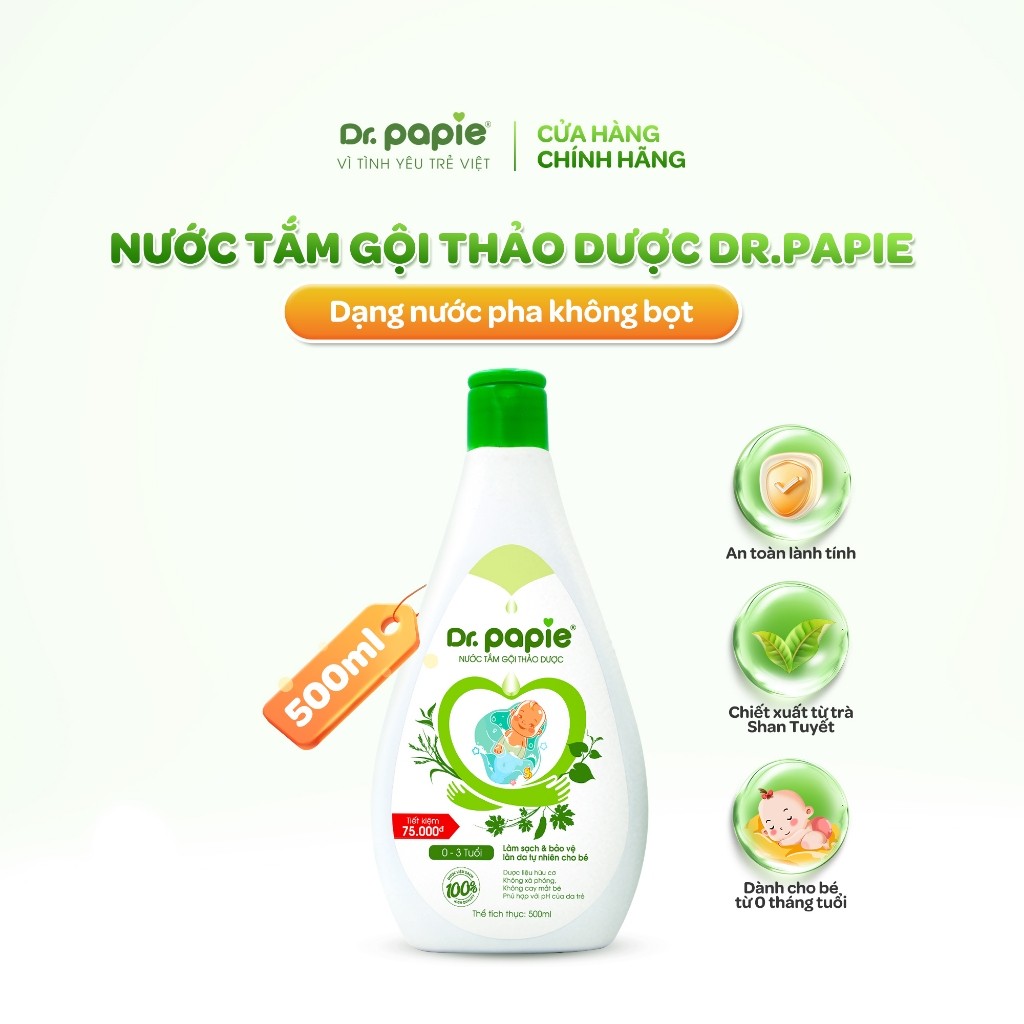 [500ml] Nước Tắm Gội 2 IN 1 Thảo Dược Shan Tuyết Làm Mát Da Giảm Mẩn Đỏ Dr.Papie dành cho bé sơ sinh