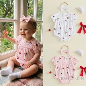 Trang phục bé gái Áo liền quần cổ tròn ngắn tay in hình anh đào ngọt ngào và băng đô