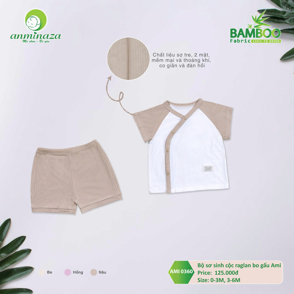 Bộ Sơ Sinh Cộc Tay Anminaza Vạt Chéo Vải Tăm Tre An Toàn Thấm Hút - Hàng Chính Hãng AMI0360