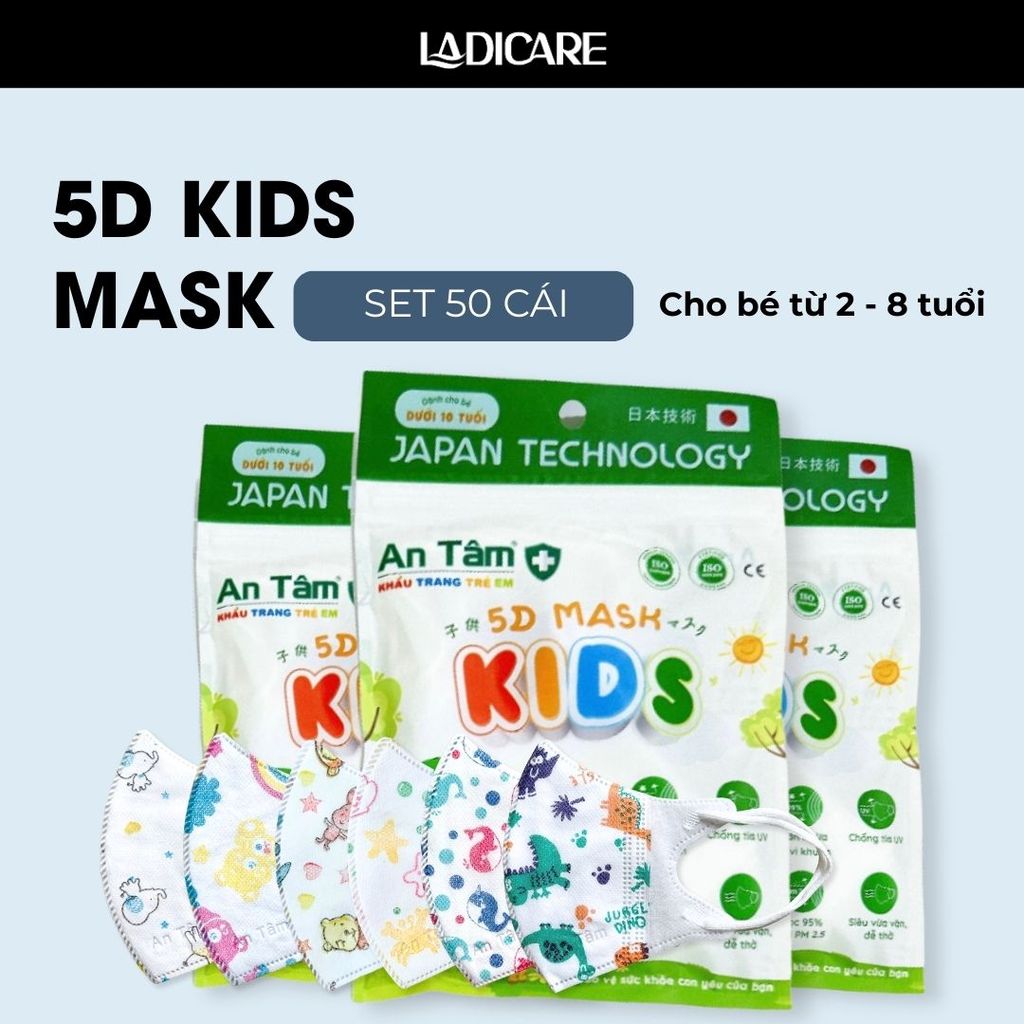 [SET 50Cái] Khẩu trang trẻ em 5D An Tâm kháng khuẩn dành cho bé 2-8 tuổi hàng chính hãng Công Ty