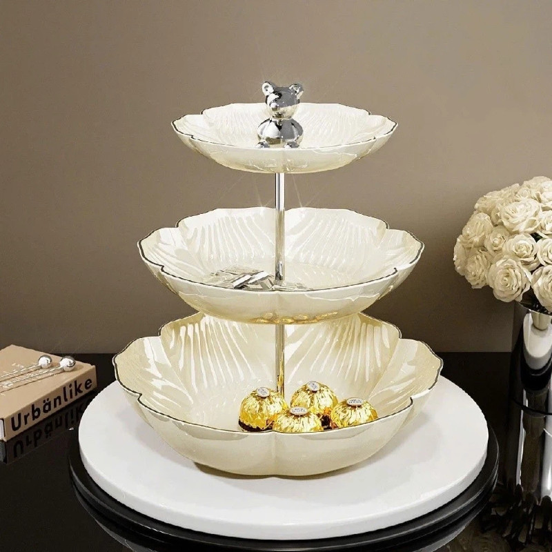 Khay Đựng Bánh Kẹo 3 Tầng Họa Tiết Gấu Màu Trắng-Nhựa Cao Cấp Decor Phòng Khách, Để Bàn Sang Trọng